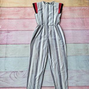 Vintage 80s Gray Striped Sleeveless Button Front Tapered Leg Retro Jumpsuit S/M